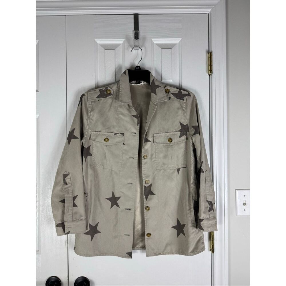 Storia Womens Military Style Button Front Shirt Jacket With Star Print Size Smal